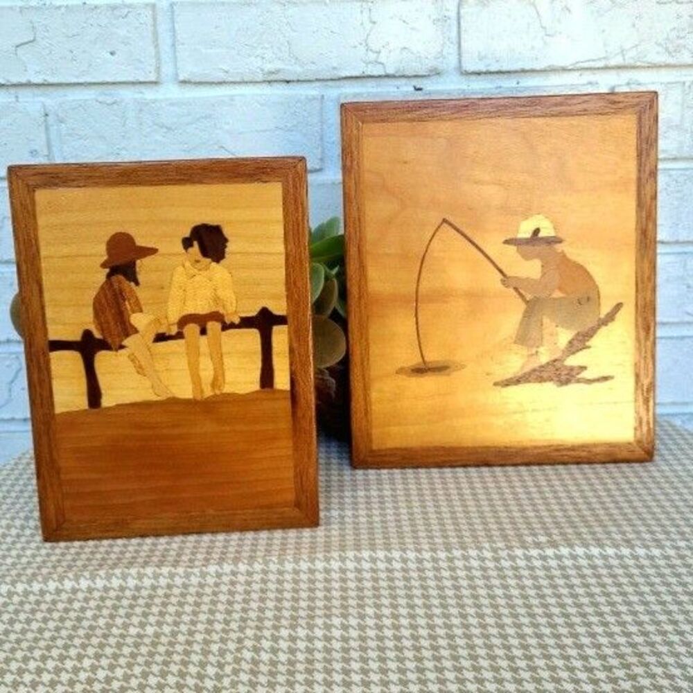 2 VTG Marquetry Sea Shore Children -Boy Fiahing wood inlay wall hangings